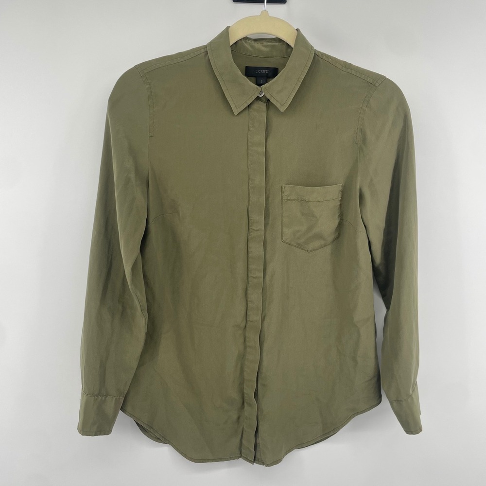 J.Crew Button Down Shirt Womens 2 Olive Green 100% Silk Long Sleeve Blouse